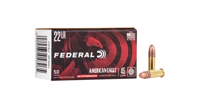 FEDERAL AMERICAN EAGLE SUPPRESSOR AMMO 22 LR COPPER-PLATED 45GR 50/BOX